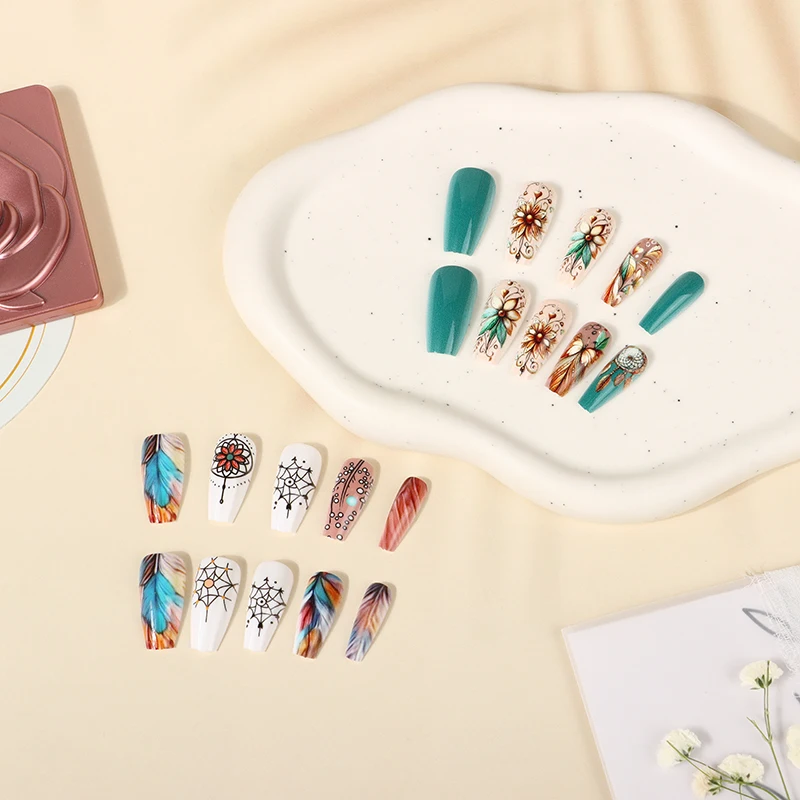 Women's 24-Piece Set Press-On Nails with Butterfly and Plant Theme for Hand Decor Gifts