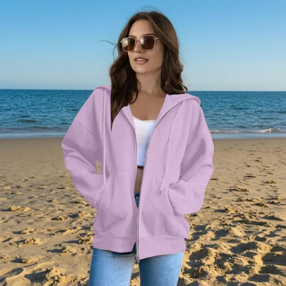 Women Zip-Up Hoodies, Casual Long Sleeve Sweatshirt with Pockets, Fall Winter Solid Color Drawstring Hooded Coat 2026 New Hot