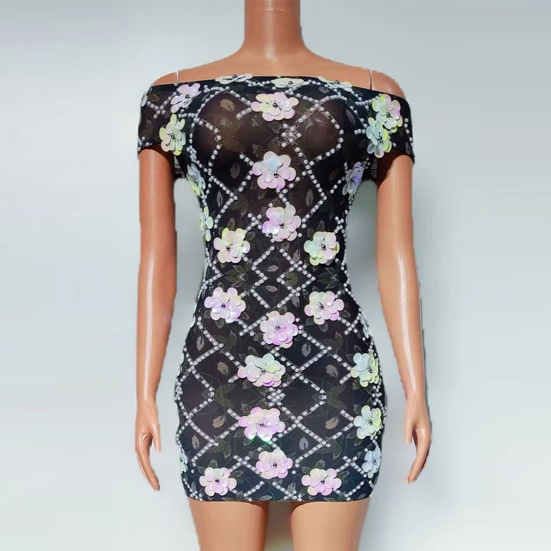 Vrouwen Stage Catwalk Jurk Pailletten Bloem Feestjurken Zanger Jazzdans Kostuum Festival Outfit Bar Nachtclub Kleding XS10536