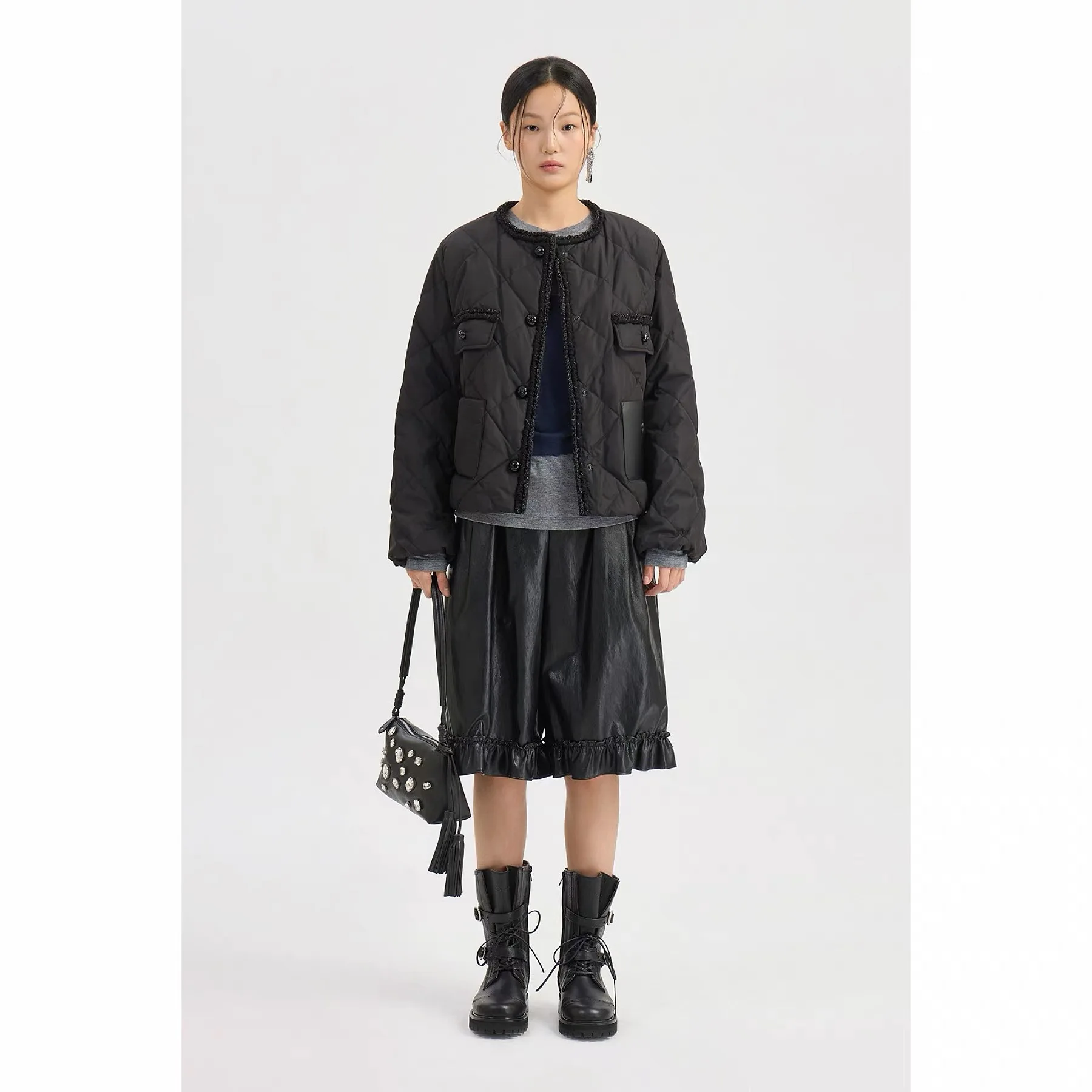 Elegant Short Goose down Jacket round Neck Quilted  Lemon Cheese LUC26 Autumn Fashion Commute Style Women's Coat
