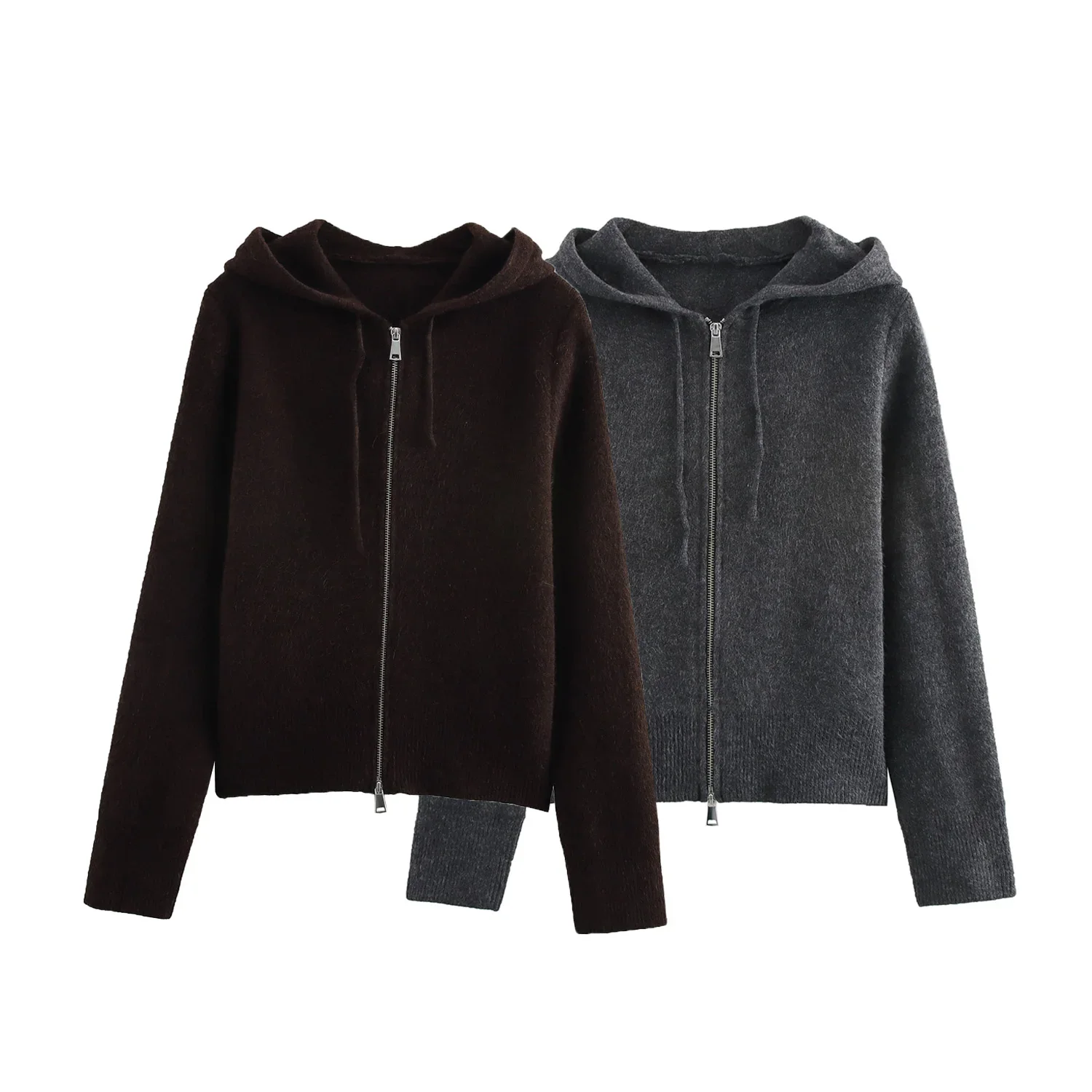 

Women Soft Zippered Hooded Knitted Cardigan Women Coat Spring Cropped Jacket Sweatshirt Woman Clothing Outerwears 5755001