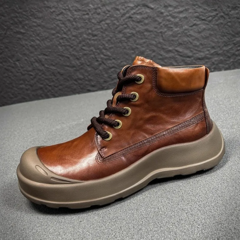 Japanese Men Ankle Boots Genuine Leather Thick Sole Comfortable Outdoor Hiking Work Boots Retro Premium Casual High Top Shoes
