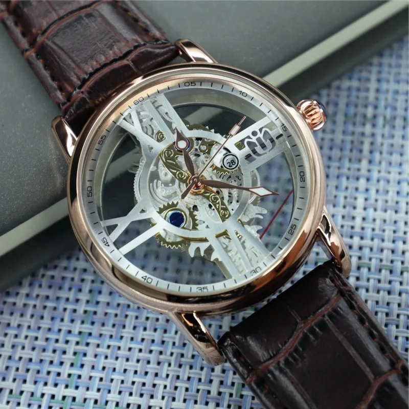 NEPIC Men Quartz Watch Hollow Round Dial Skeleton Rose Gold Sliver Clock  Male Luxury Business Man Reloj Leather Band Wristwatch