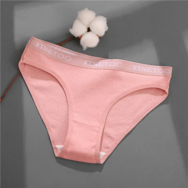 FINETOO 4Pcs Cotton Striped Underwear Women\'s Panties Letter Belt Briefs Ladies Low Waist Lingerie Solid Breathable Underpants