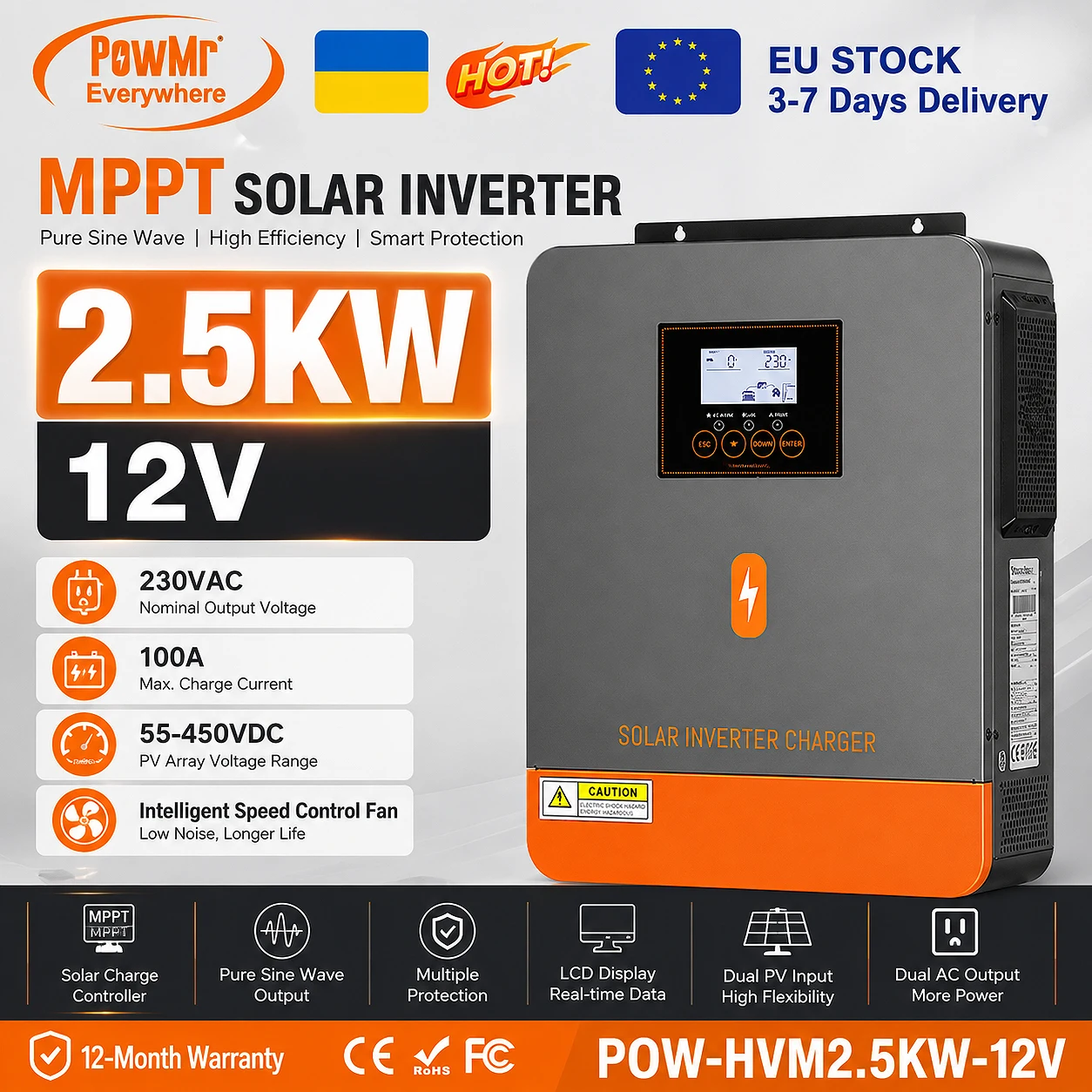 Onduleur solaire hybride PowMr 2500W, sortie 12Vdc vers 230Vac, avec ventilateur à contrôle de vitesse intelligent, onde sinusoïdale pure, chargeur MPPT 100A, entrée d'alimentation 2750W, compatible avec les batteries au plomb-acide et au lithium, système solaire domestique, alimentation de secours UPS.