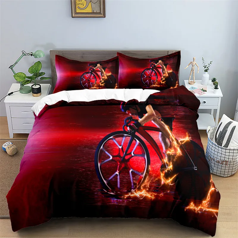 Bike Cycling Print Bedding Set Sport Style Duvet Cover Mountain Bike Quilt Cover With Pillowcases King For Teen Adult Room Decor