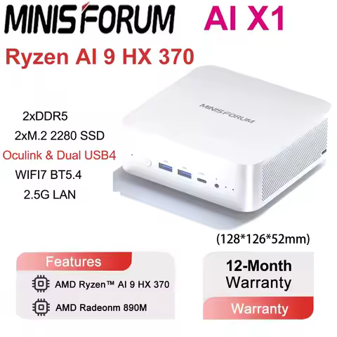 MINISFORUM AI X1 Mini PC AMD Ryzen AI 9 HX 370 OCuLink 2*USB4 Built-in Dual Speaker WiFi 7 BT5.4 Office Desktop Computer