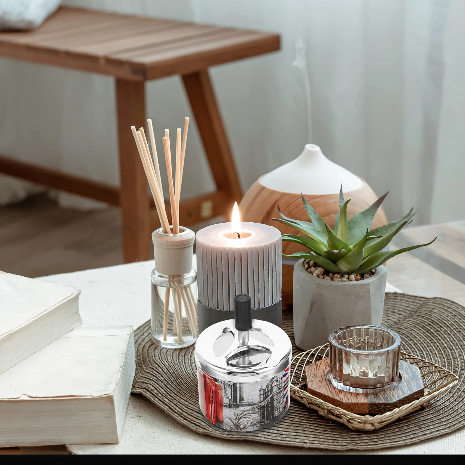 

Rotating Lid Ashtray Automatic Extinguishing Metal Cigarette Ashtray Decorative Tabletop Desktop Home Office Compact Lightweight