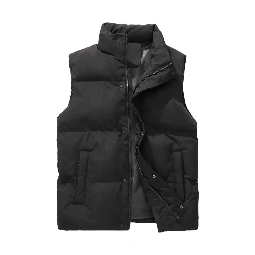 Plus Size Men Windproof Vest Stand Collar Sleeveless Button Zipper Waistcoat Solid Color Thickened Down Vest Coat