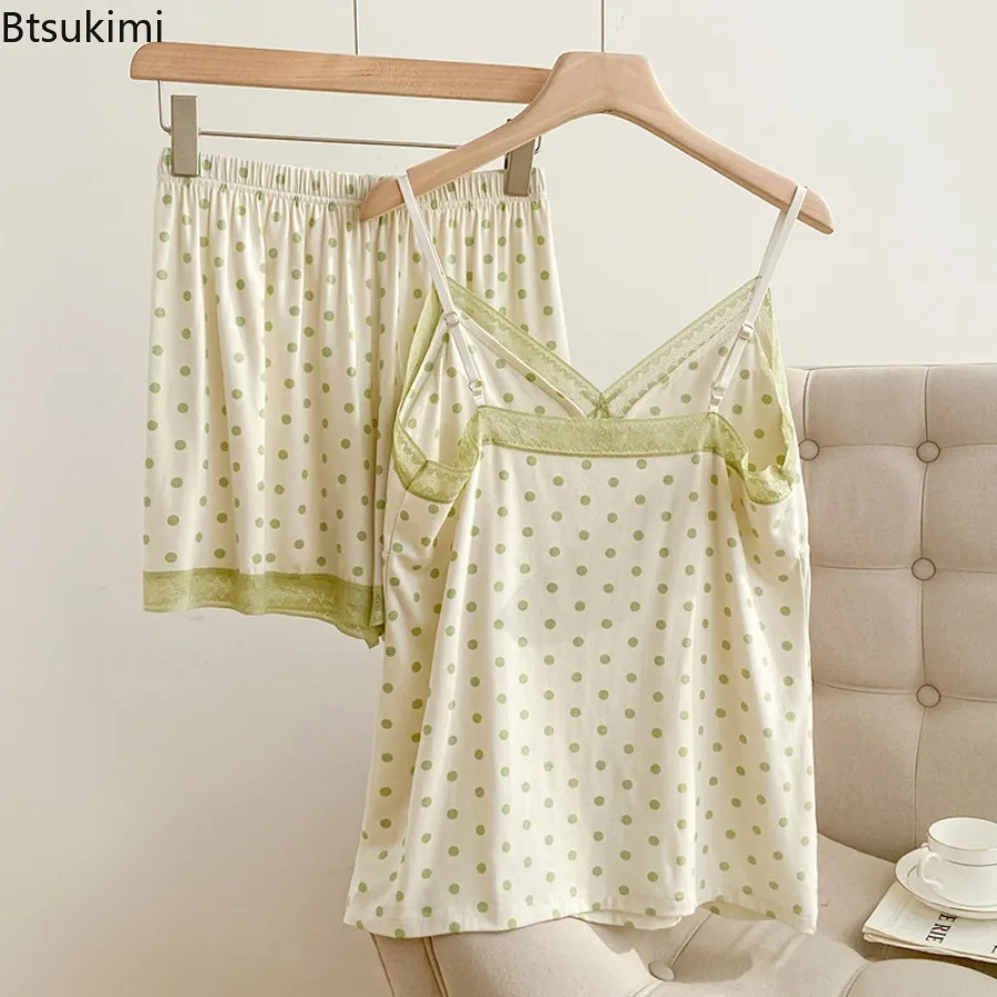 New Women's Summer Sleepwear Polka Dot Modal Sling Shorts Pajama Set V-Neck Chest Mat Comfortable and Sexy Home Clothes Ladies