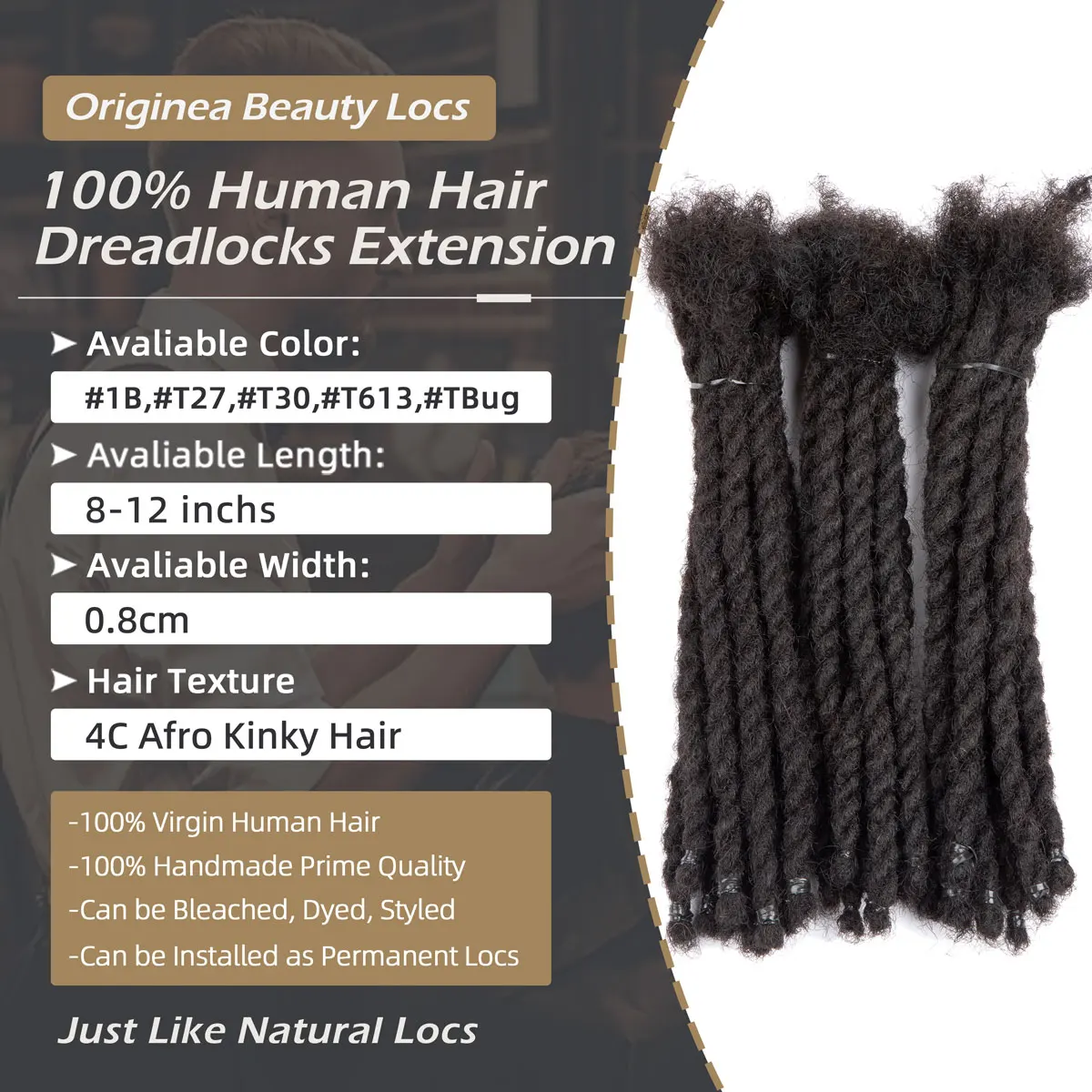 0.8cm Pre-Twisted Human Hair Dreadlocks Styled Retwisting Permanent Dreads Locs Extensions 8/10/12 inches Natural Black Two Tone