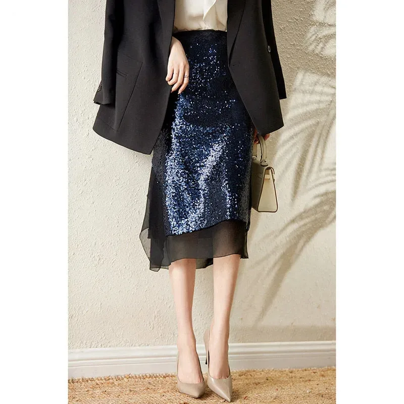 Fashion Sequin Patchwork Lace Split Skirt Women's 2023 Spring Summer New High-end Temperament Skirt Faldas Mujer Moda Jupe Femme