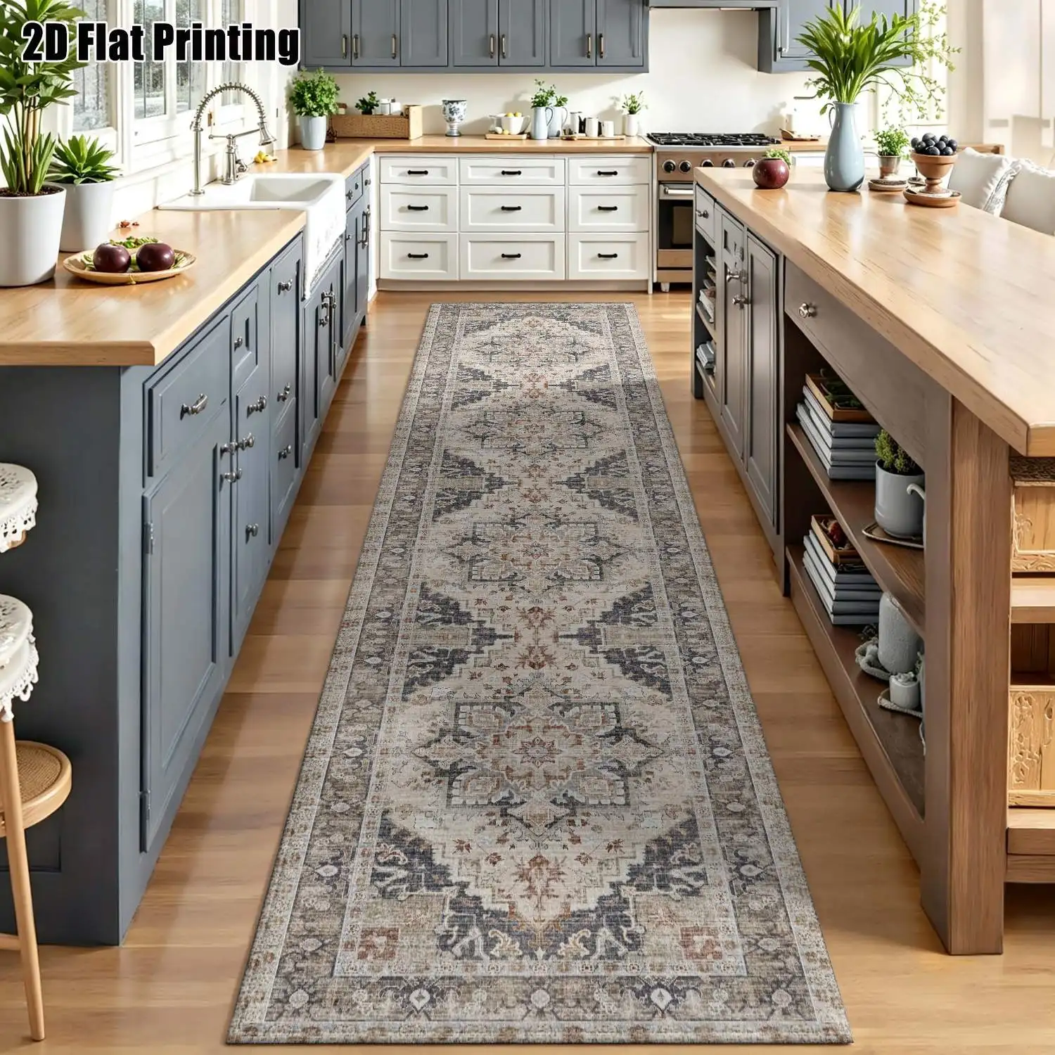 1Pc 2D Printed Retro Blue-Grey Geometric Long Strip Runner Carpet, Machine Washable, Multi-Size, Suitable for Home Decor, Corridor, Entrance, Living Room, Bedroom