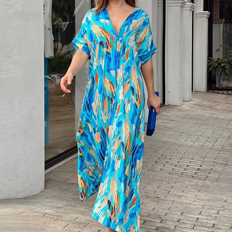 

Women V Neck Painted Print Loose Long Dress Summer Half Sleeve Maxi Dresses Casual Holiday Seaside Beach Dress Beach Cover