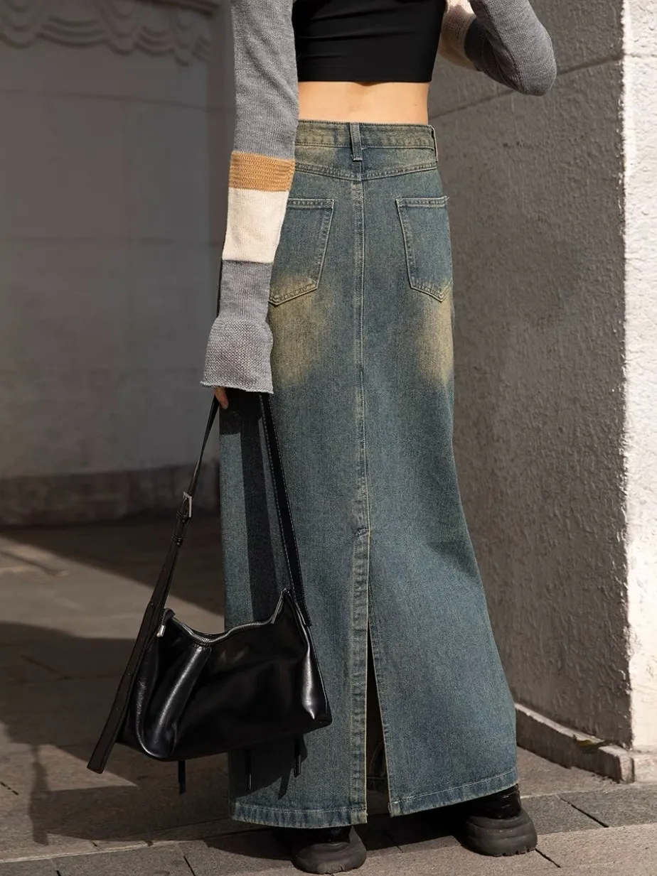 ZHISILAO New Long Denim Skirt Women Vintage High Waist Jeans Skirt Autumn 2023