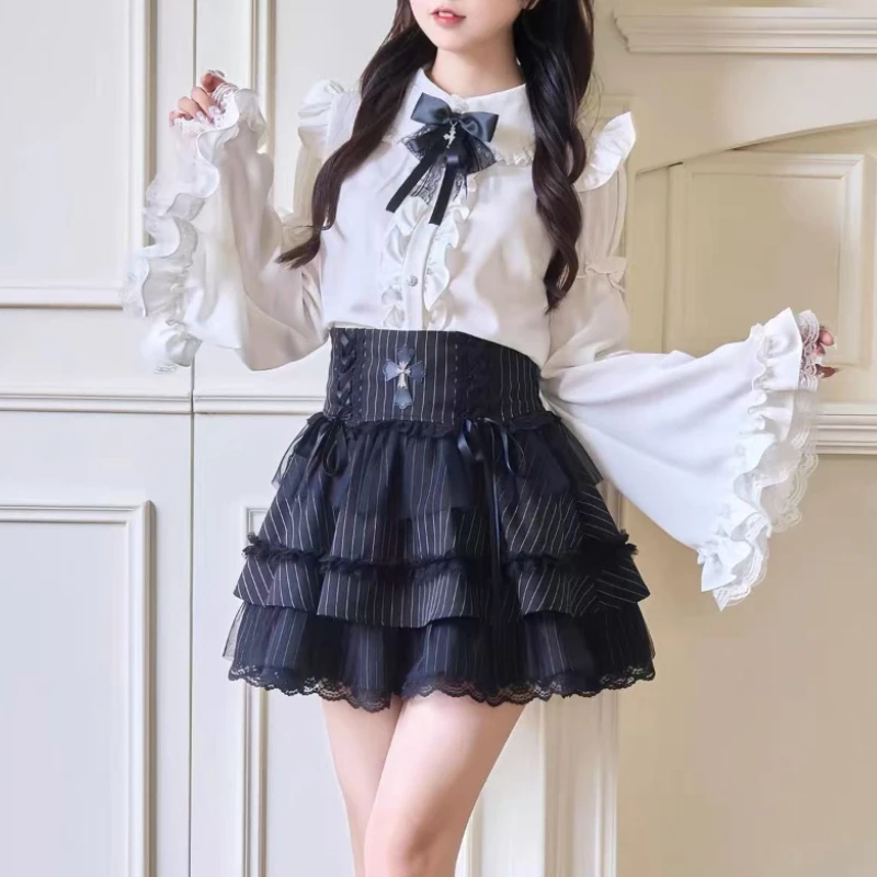 딥타운 로리타 일본 스타일 블라우스 여성 레이스 패치워크 하라주쿠 러플 셔츠 Y2K 스위트 화이트 긴팔 블라우스 에스테틱