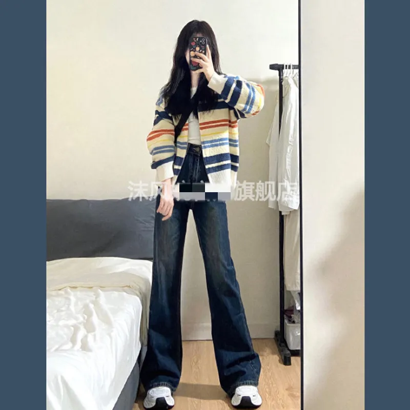 Spring and Autumn New American Retro Color Striped Knitted Long Sleeve Top+Jeans College Style Two Piece Set