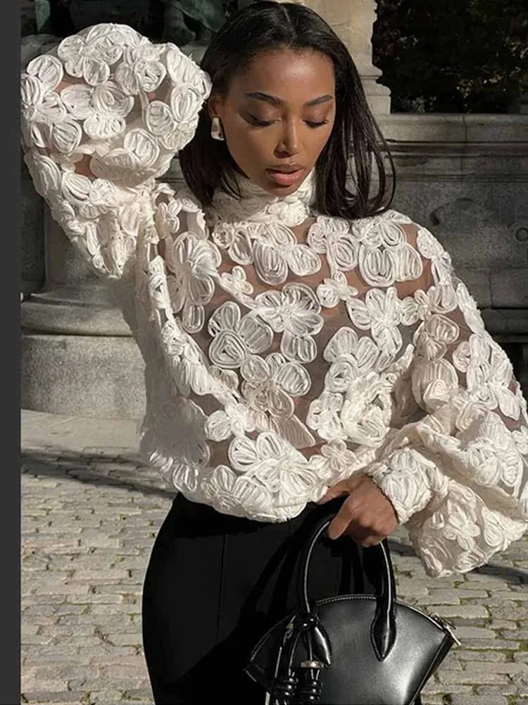 

BKQU Embroidered Women 3D Flower Mesh Shirt Sexy See Through Lantern Long Sleeve Patchwork Loose Blouse 2025 Fall Chic Lady Tops