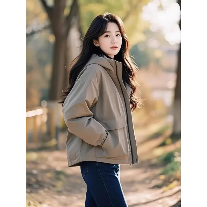 

Women's Beige Hooded Oversized Jacket with Elastic Cuffs and Large Pockets