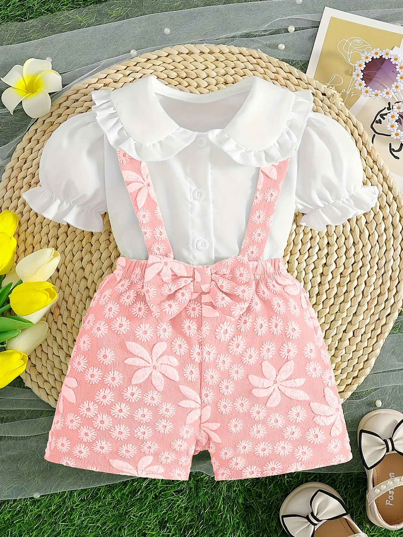 

Летний комплект для девочек: белый топ с рюшами на воротнике и пышными рукавами + шорты на бретелях с цветочным принтом | Подарок на День святого Валентина / День рождения