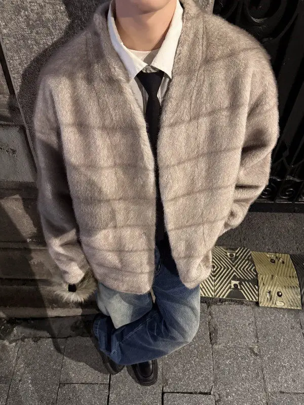 

Luxe Thiened Men's Cotton Jaet Faux Fur Trim Warmth Youth Trendy Sle Non-Quilted Long Sve Casual Outerwear Coat