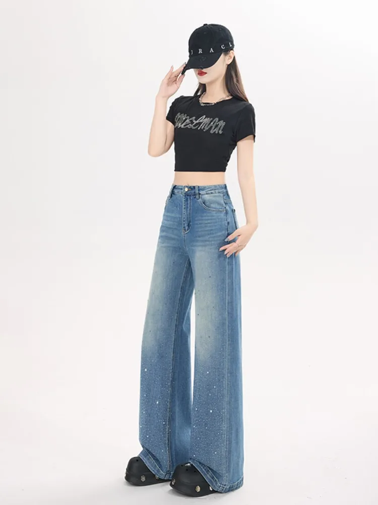 

Джинсы женские больших размеров, летние, модные, в стиле кэжуал, с эффектом похудения, с высокой талией, прямые, слегка расклешенные, из денима