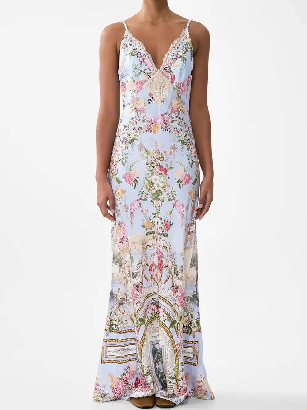 Lace Spliced Backless Ladies Maxi Dress 100% Silk Flower Print High Waist Sleeveless V-Neck Holiday Style Sling Robe