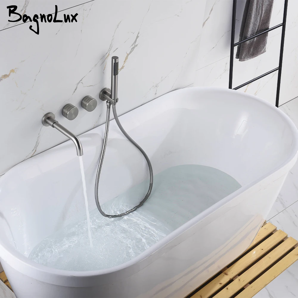 

Смеситель для ванны из матового никеля, 2 ручки, ручной смеситель для душа и излив, система смесителя для горячего и холодного душа, настенный монтаж