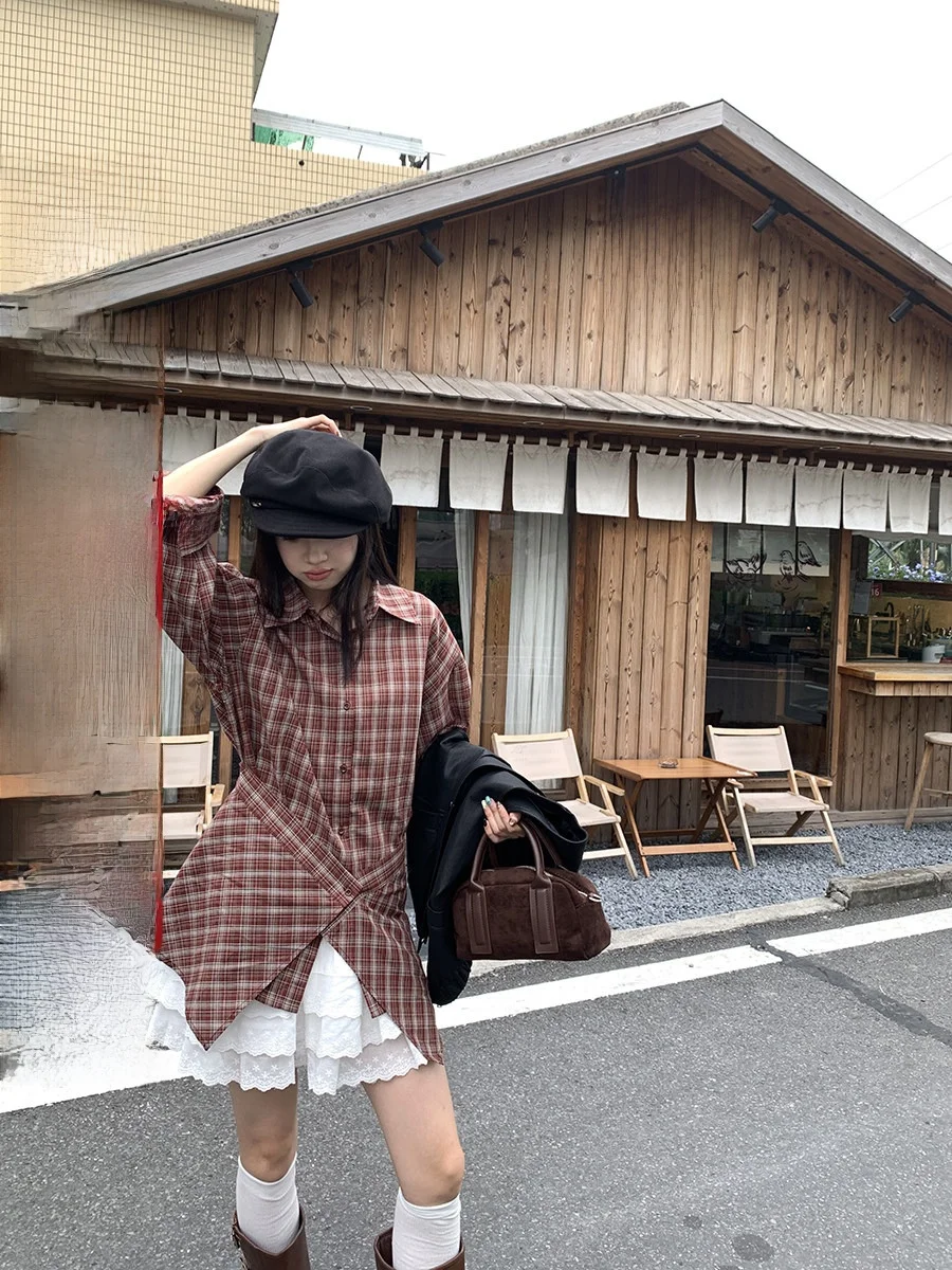 

Винтажная женская рубашка Sinbounboun в клетку с длинным рукавом, дышащая, из хлопка и полиэстера, приятная к коже, модная для девушек