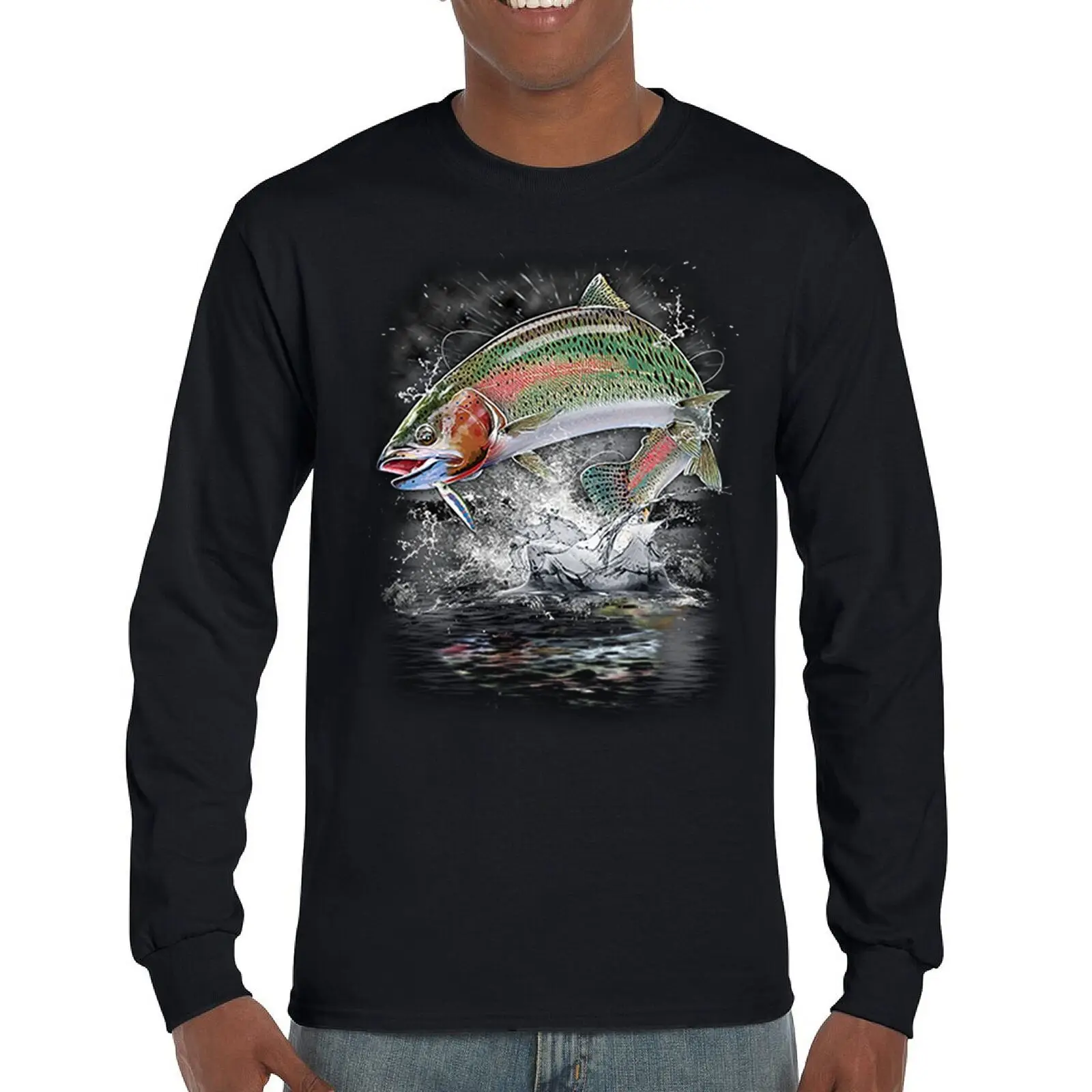 

Jumping Rainbow Trout Long Sleeve T-shirt Freshwater Fly Fishing Fisherman Lure