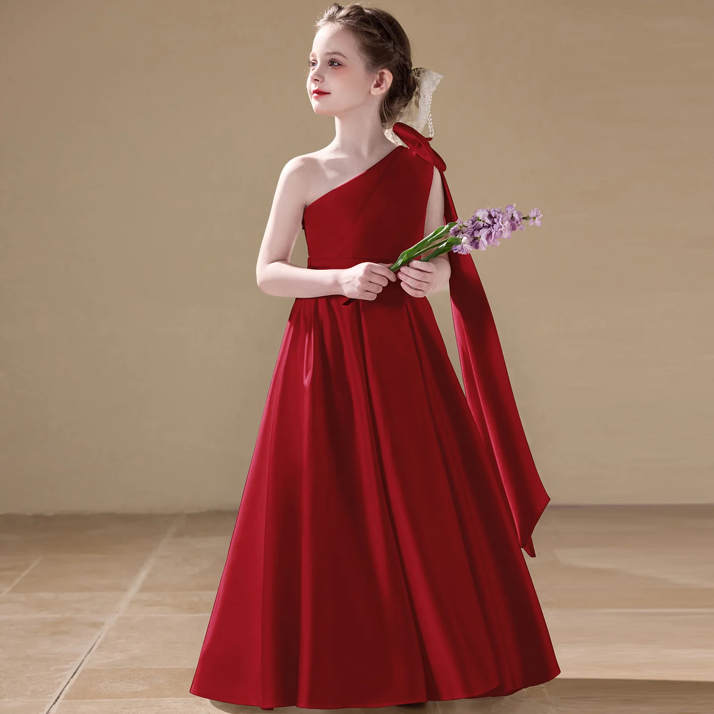 

Красное вино с бантом на одно плечо, праздничное платье для девочек, рождественское элегантное длинное платье, детское пышное вечернее платье для выступлений, праздник