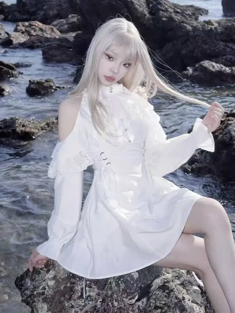 

Белое кружевное платье Sweet Lolita Y2k, платье с тонкой талией и длинными рукавами для женщин, лето 2025, Vestidos Mujer