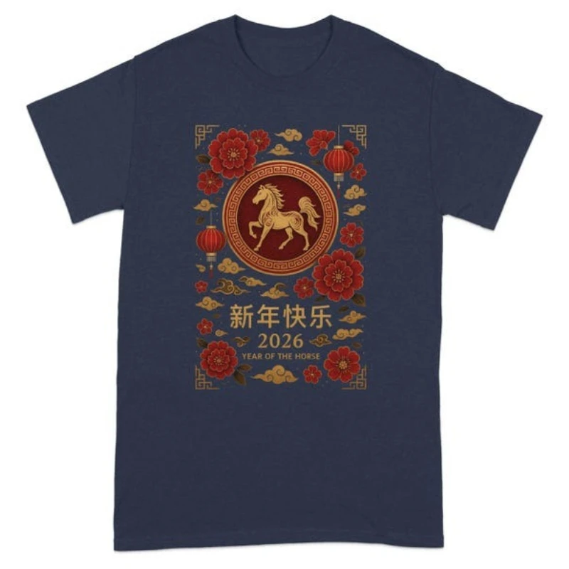 Bonne année du cheval T-Shirt unisexe nouvel an lunaire chinois lanternes rouges t-shirts graphiques Hipster rue mode à manches courtes