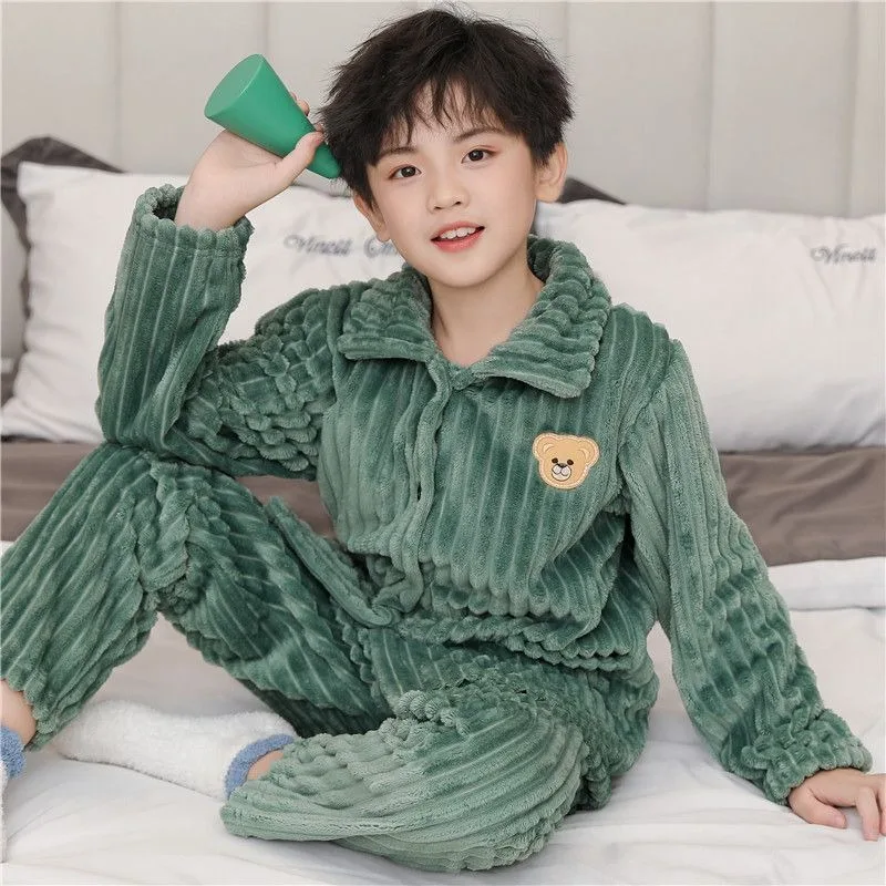 Kids Autumn Winter Flannel Pajama Set Plus Size Thickened Coral Fleece Toddler To Big Kids Cozy Sleepwear Homewear