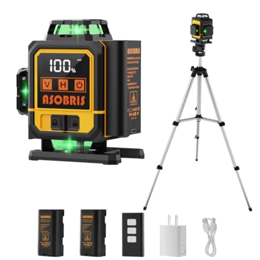 

Laser Level 4x360 Self Leveling with Tripod LCD Touch Screen Green Cross Line Laser Tool with 2x2400mAh Rechargeable Batteries