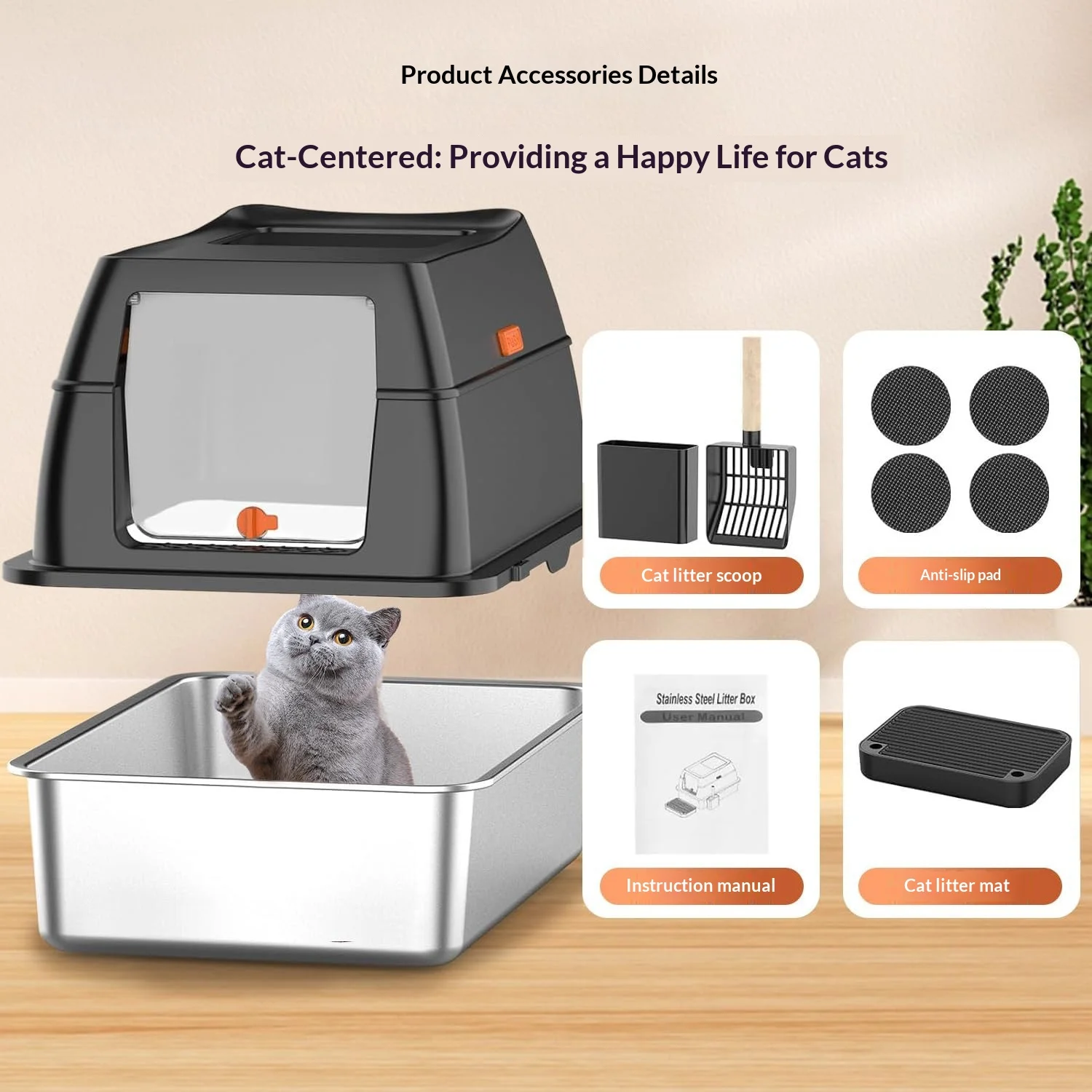 Caja de arena cerrada extra grande para gatos, inox, anti salpicaduras - imagen 2