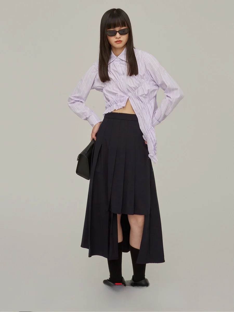 

Женская осенняя рубашка Studiotill8 с фиолетовыми полосками, асимметричным дизайном и сборками, в японском стиле, для колледжа, с коротким рукавом, приталенная