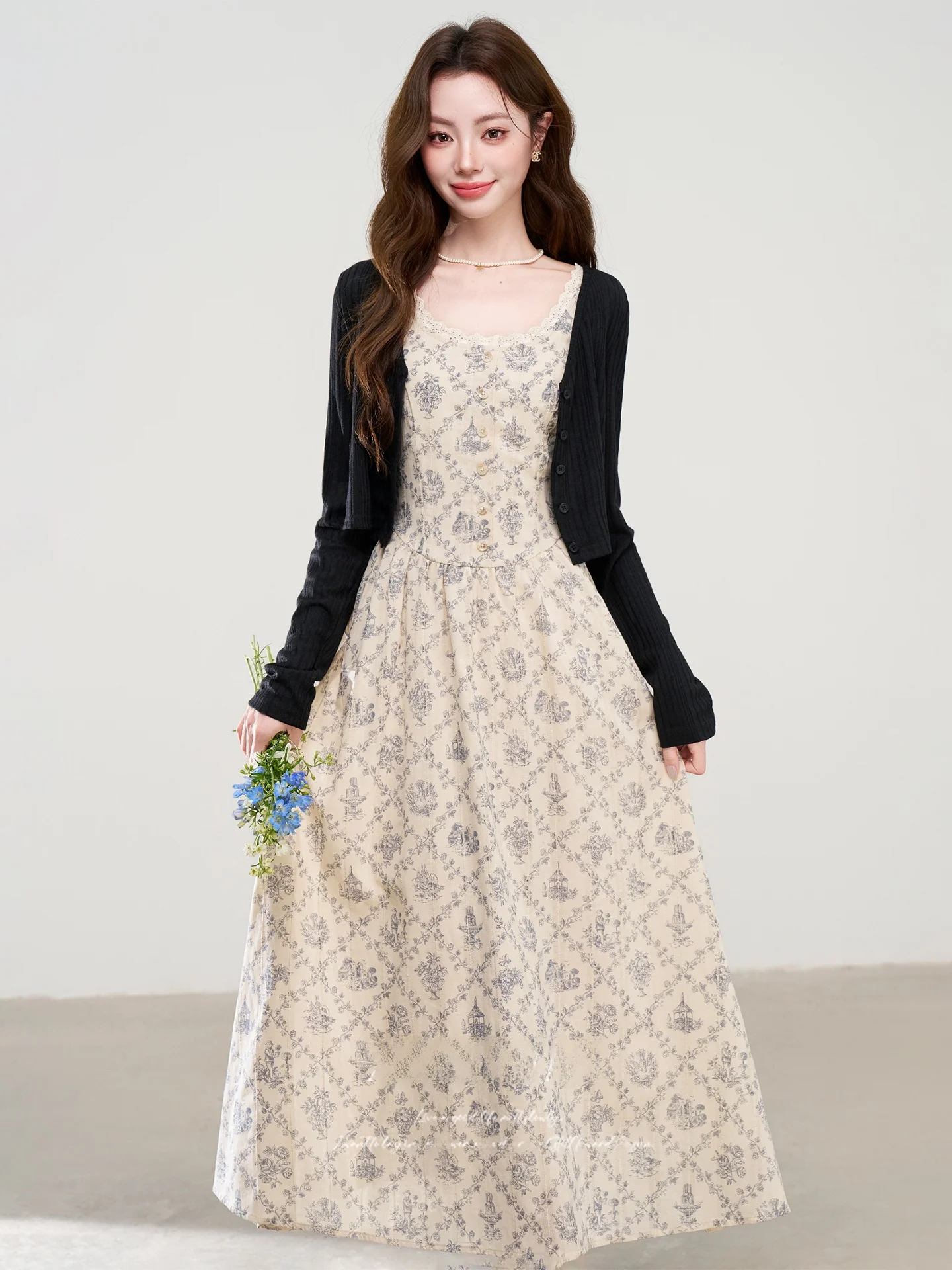 

Summer Floral A-Line Dress Cardigan Vest Two-Piece Set Women's Fashion Ensemble Short Sleeve Long Dress Casual Outfit