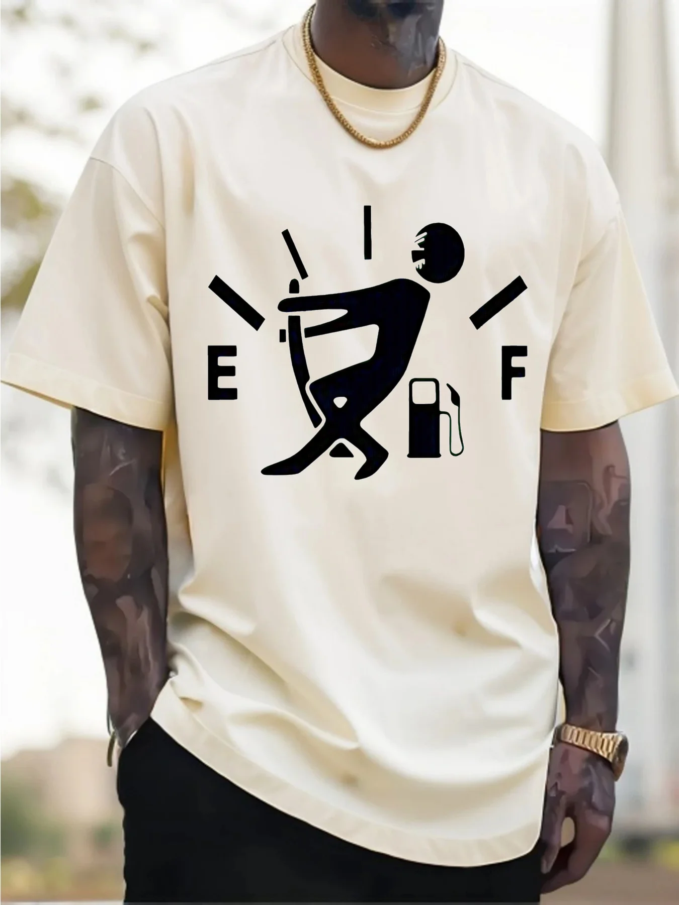 2025 Men'S New Pure Cotton T-shirt Creative Fuel Gauge Running Man Design Comfortable and Stylish Ideal for Daily Wear