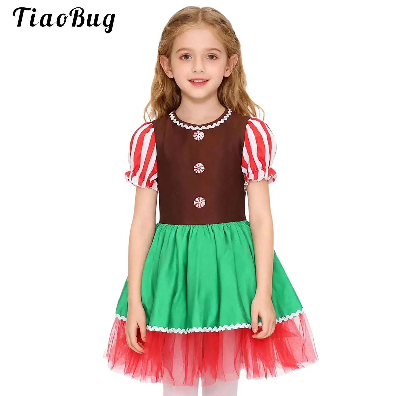 

Kids Girls Christmas Cookie Gingerbread Man Cosplay Costume Puff Sleeves Tutu Dress Dance Leotard for Xmas Holiday Performance