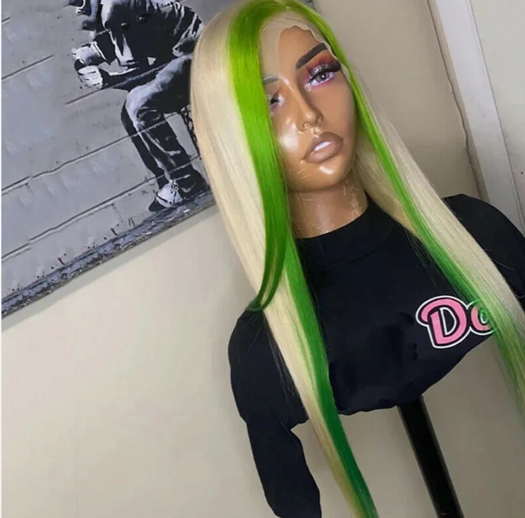 Skunk Stripe Wig Long Straight Hair Lace Front Wig Blonde Wigs Highlight Green