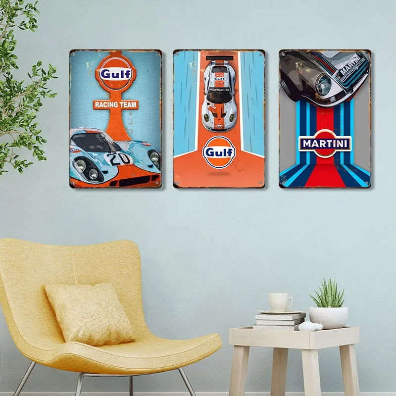 Shabby Station Retro Gulf Racing Car Metal Tin Sign Plate Plaque Wall Art Vintage Garage Man Cave Home Decoration Cuadros