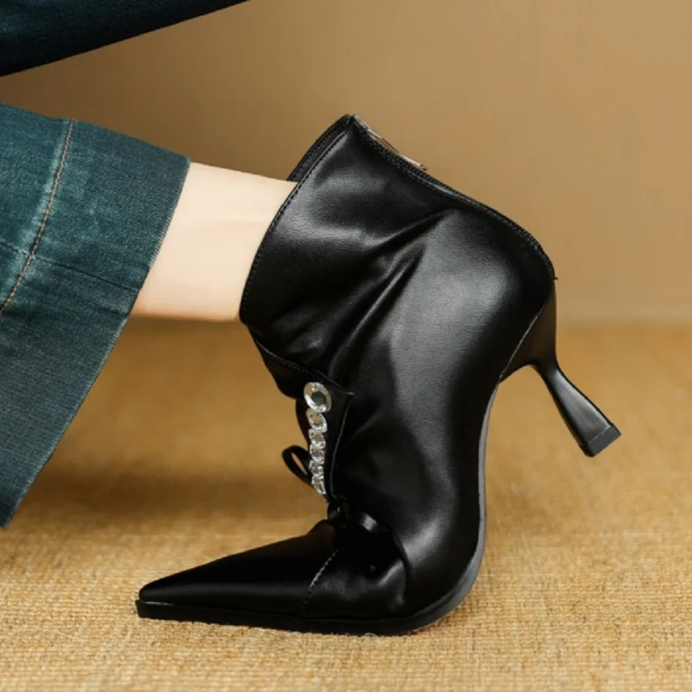 【JOCHEBED HU】 جديد الخريف الشتاء سبليت جلد طبيعي المرأة أشار تو التمهيد اليدوية عالية الكعب حذاء بوت بطول الكاحل Zapatos Mujer 34-40 #5