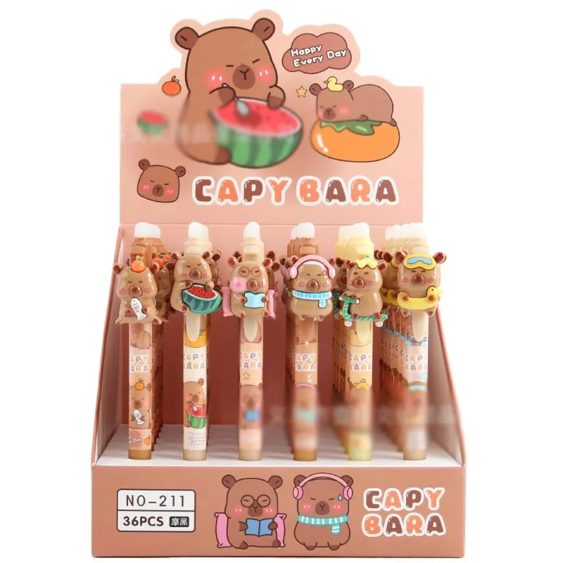 36pcs/lot Cartoon Capybara Erasable Press Gel Pen Cute 0.5mm Blue Ink Neutral Pens Office School Writing Supply