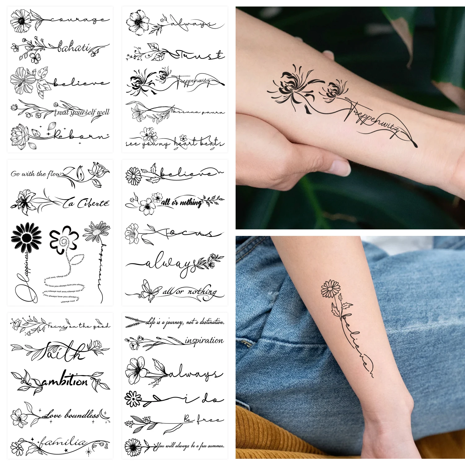 6 Blatt semipermanente temporäre Tattoos für Frauen, lange Linie, Blumenwörter-Tattoos für Erwachsene, 100 % pflanzliche Tinte, wasserfest