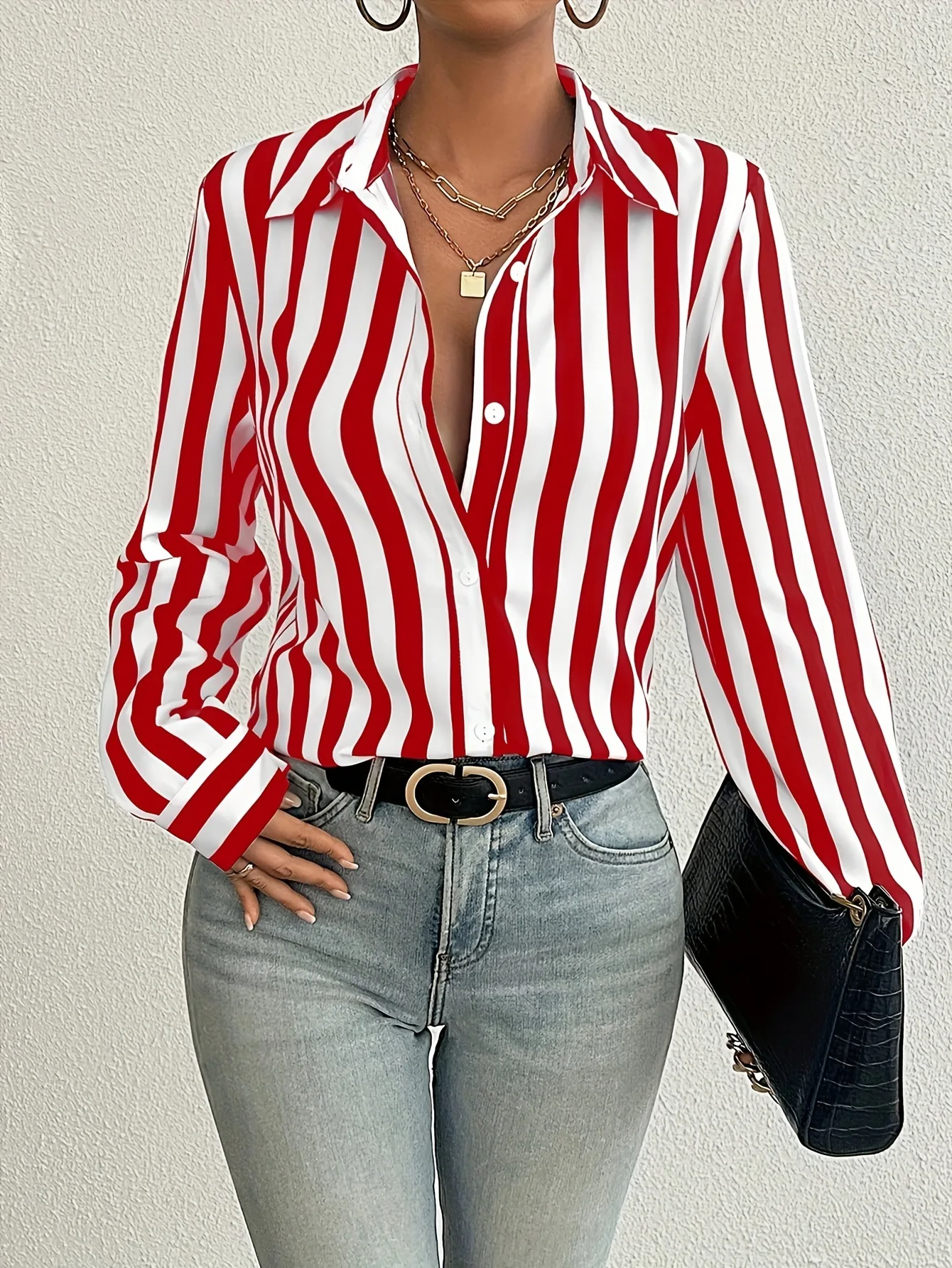 

Breathable Blouse Striped Buttoned Placket Blouse Comfortable Casual Oversized Blouse Tailored Minimalist Vintage Top