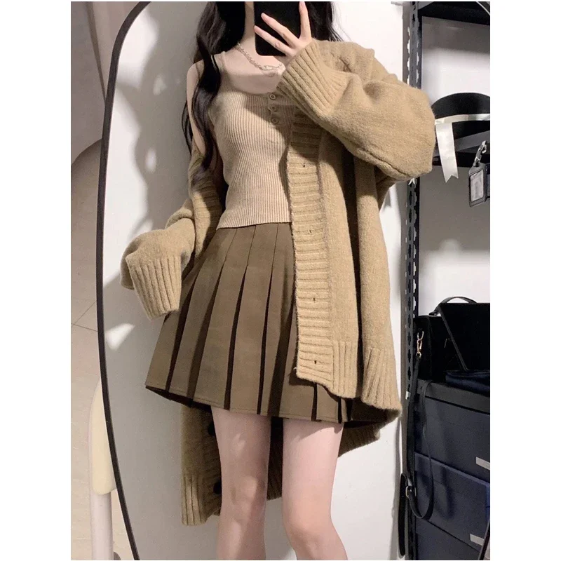 Women's Falls Preppy Style Clothing Loose Sweater Cardigan Tank Tops Mini Pleated Skirts Sets Lady Knit Coats Vest Skirt Outfits