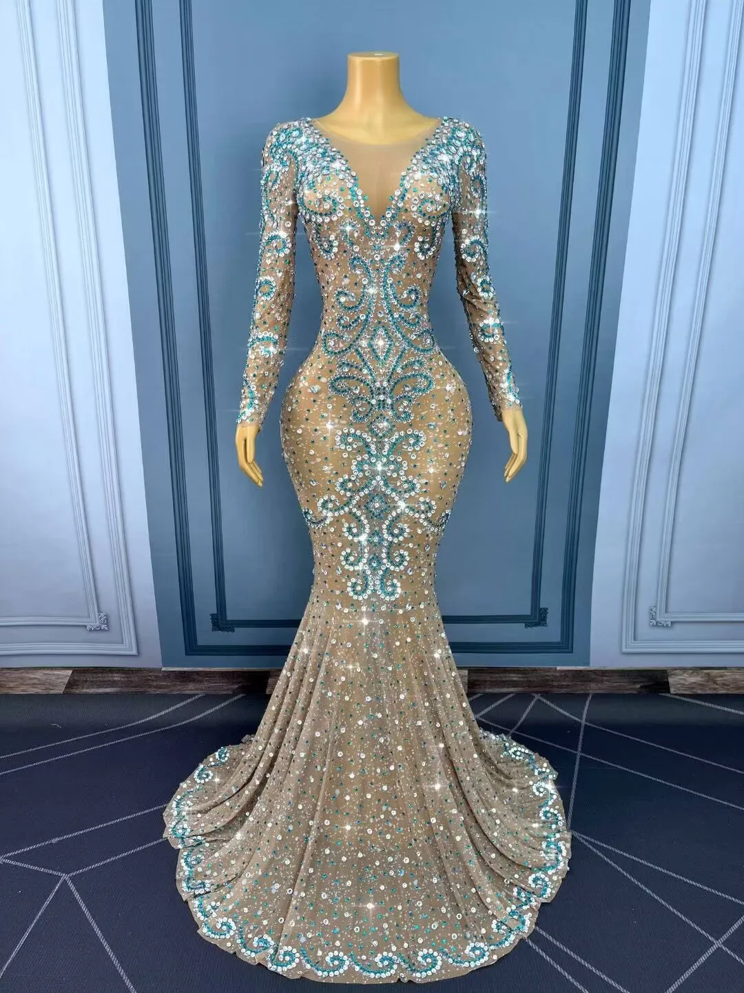 Robe de luxe élégante et lourde, strass scintillants, robes en maille pour femmes, bal de promo, tapis rouge, vêtements de scène pour séance photo