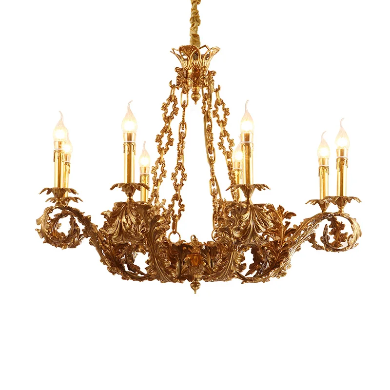 

French Baroque Brass Chandelier Living Room Villa Hotel Pendant Light European Copper Candle Luminaire