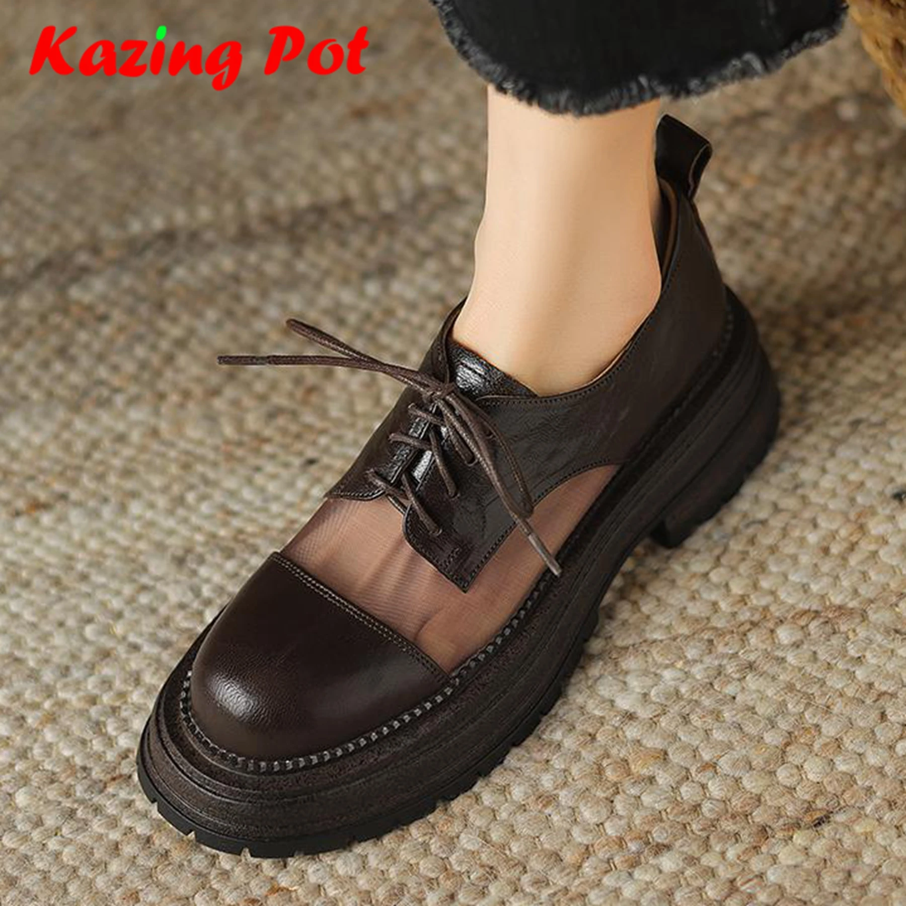 

Krazing Pot New Sheep Leather Mesh Thick Med Heels Summer Round Toe Platform Women European Leisure Black Color Breathable Pumps